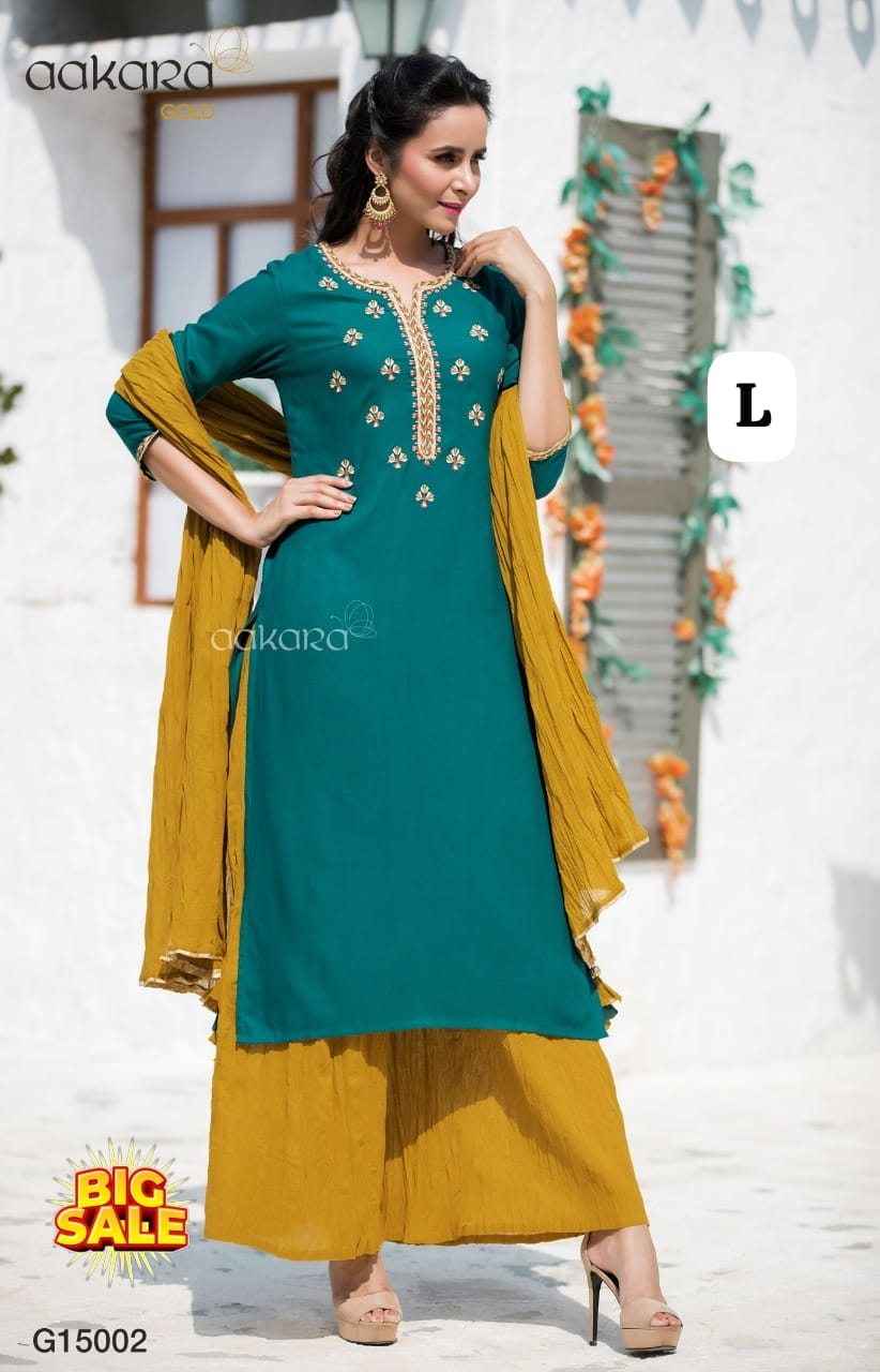Women's Embroidered Straight Kurti with Plazzo and Dupatta Set