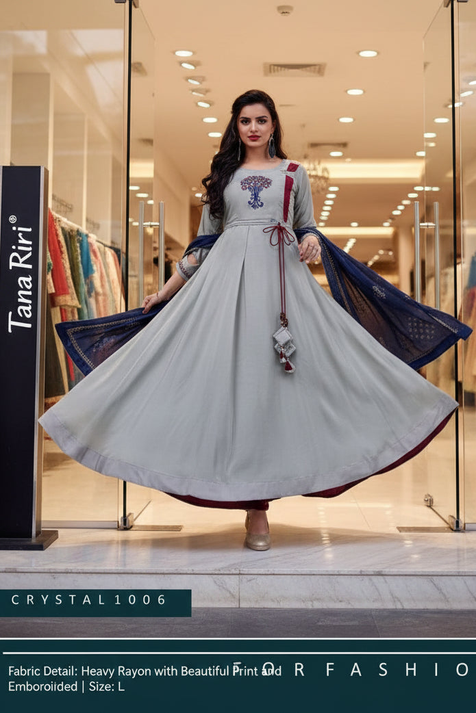 Embroidered Anarkali Gown Dress with Printed Dupatta