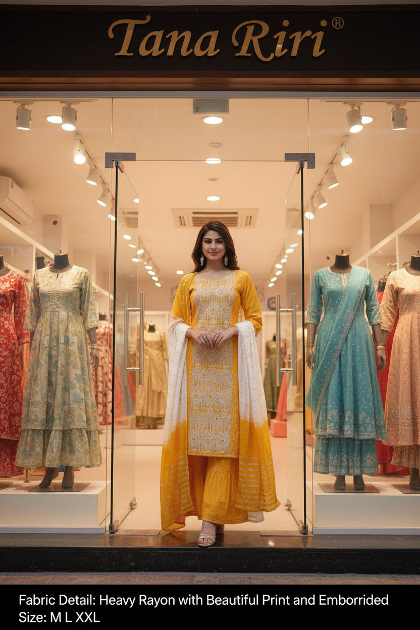 Women's Embroidered Straight Kurti with Palazzo and Dupatta Set