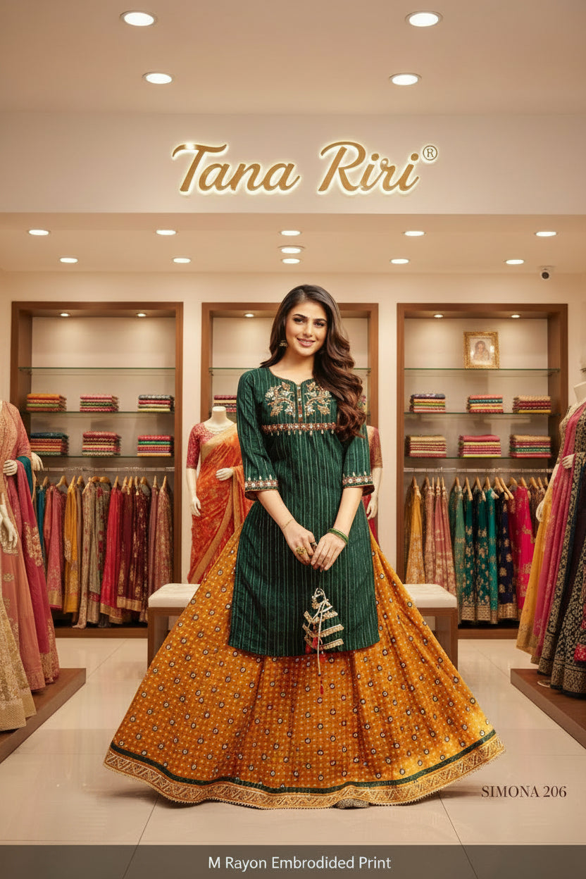 RAYON EMBRODIERD PRINTED KURTI SKIRT SET