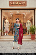 RAYON PRINTED KURTI PANT WITH DUPTTA
