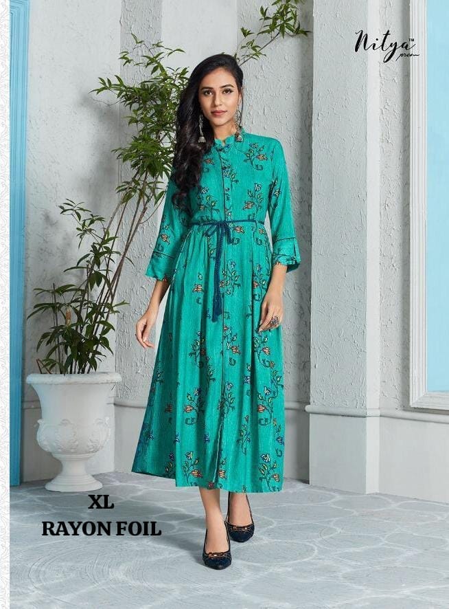 Rayon Foil Printed A-Line Kurti  3/4 Sleeves XL Size