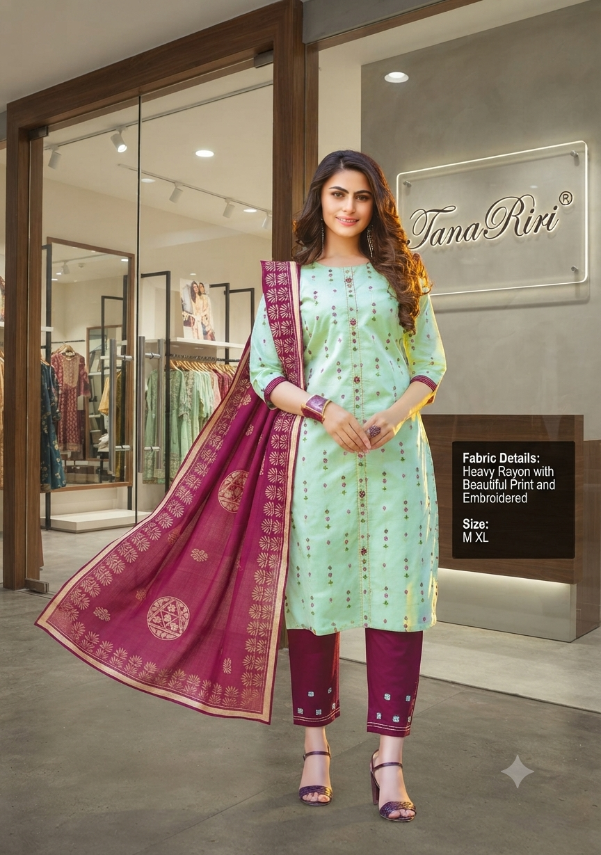 Women's Embroidered Straight Kurti with Pant and Dupatta Set