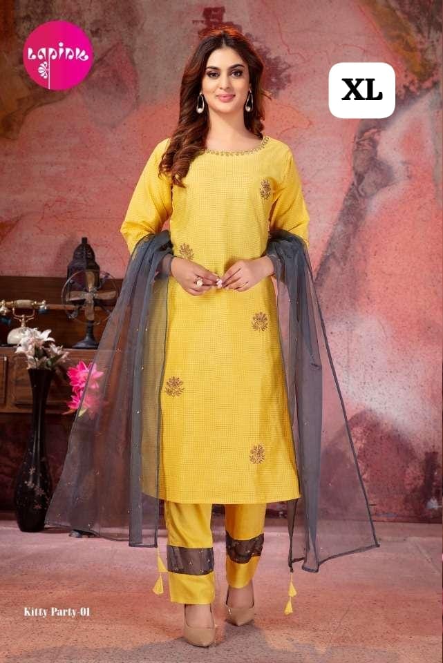 Women's Embroidered Straight Kurti with Pant and Dupatta Set