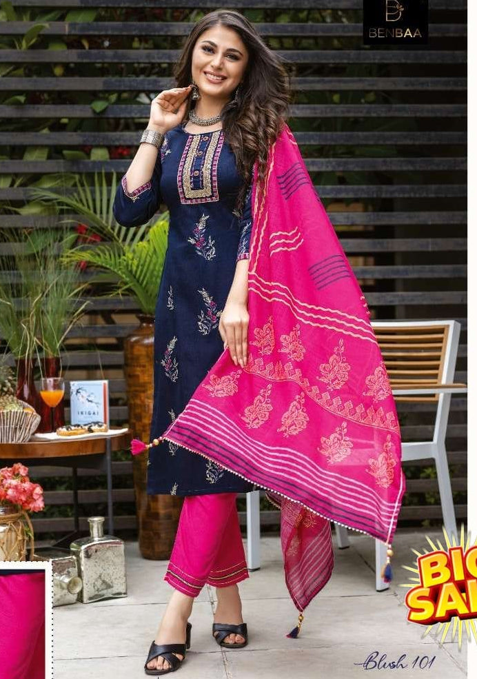 Women's Embroidered Straight Kurti with Pant and Dupatta Set