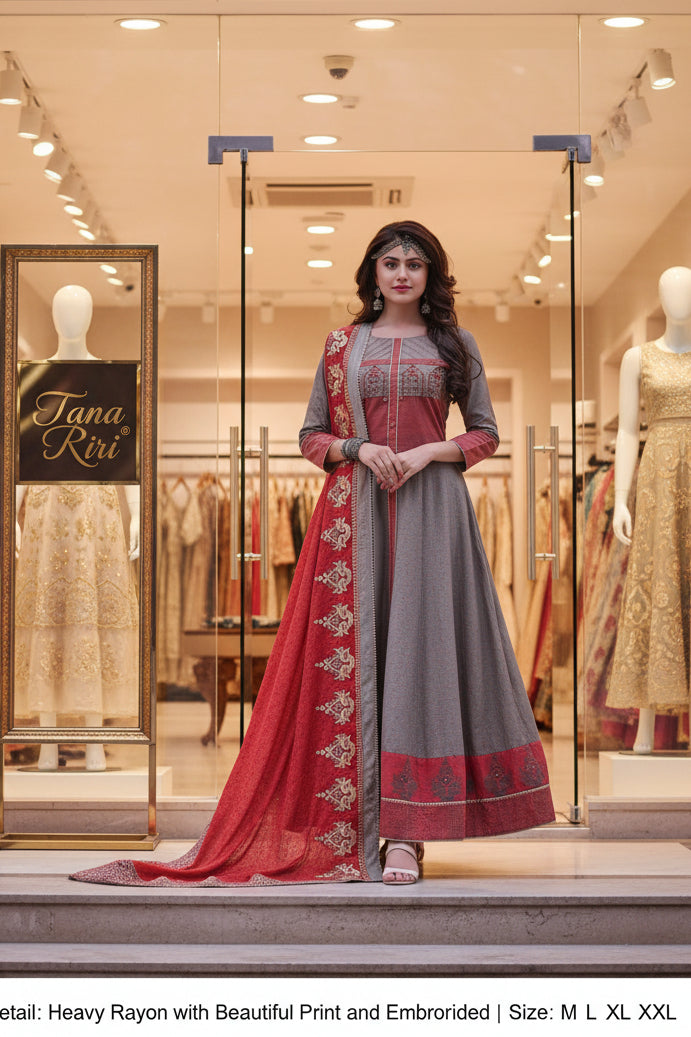 PURE RAYON ENBRODRIED PRINTED GOWN DUPTTA SET