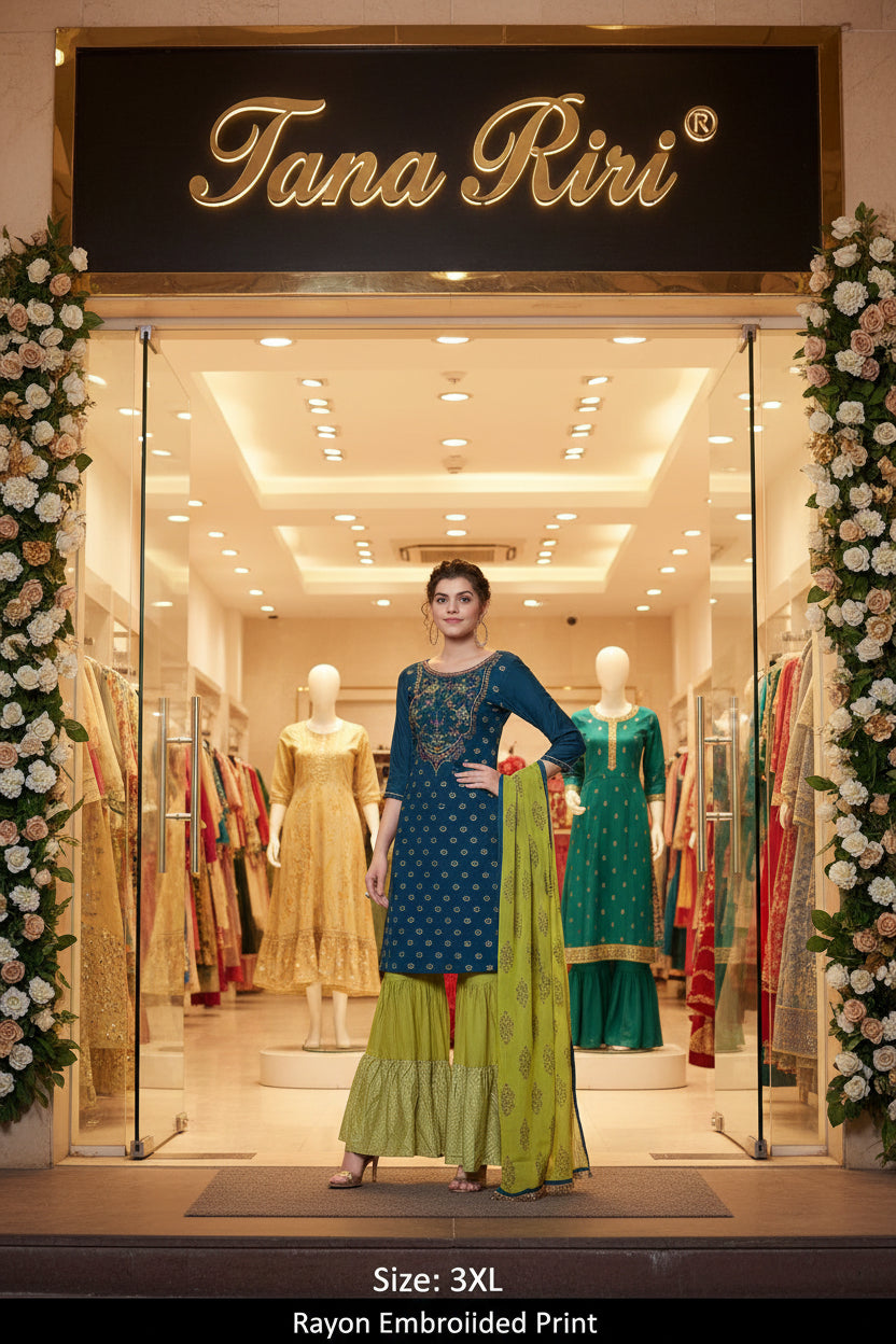 RAYON PRINTED KURTI SHARARA WITH DUPTTA