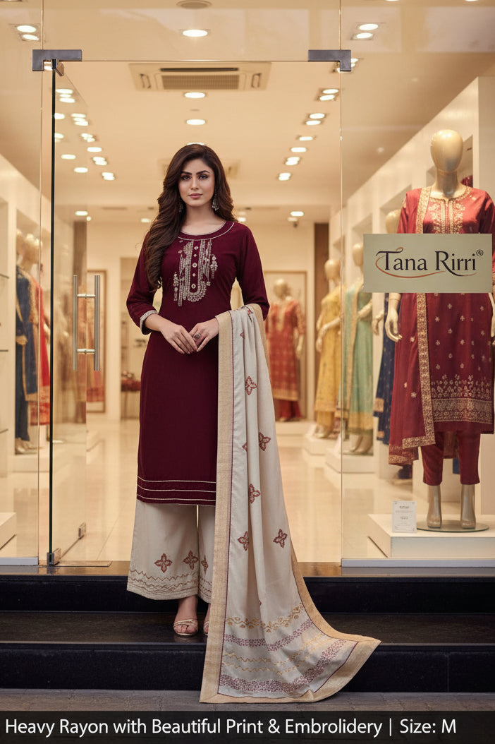Women's Embroidered Straight Kurti with Palazzo and Dupatta Set