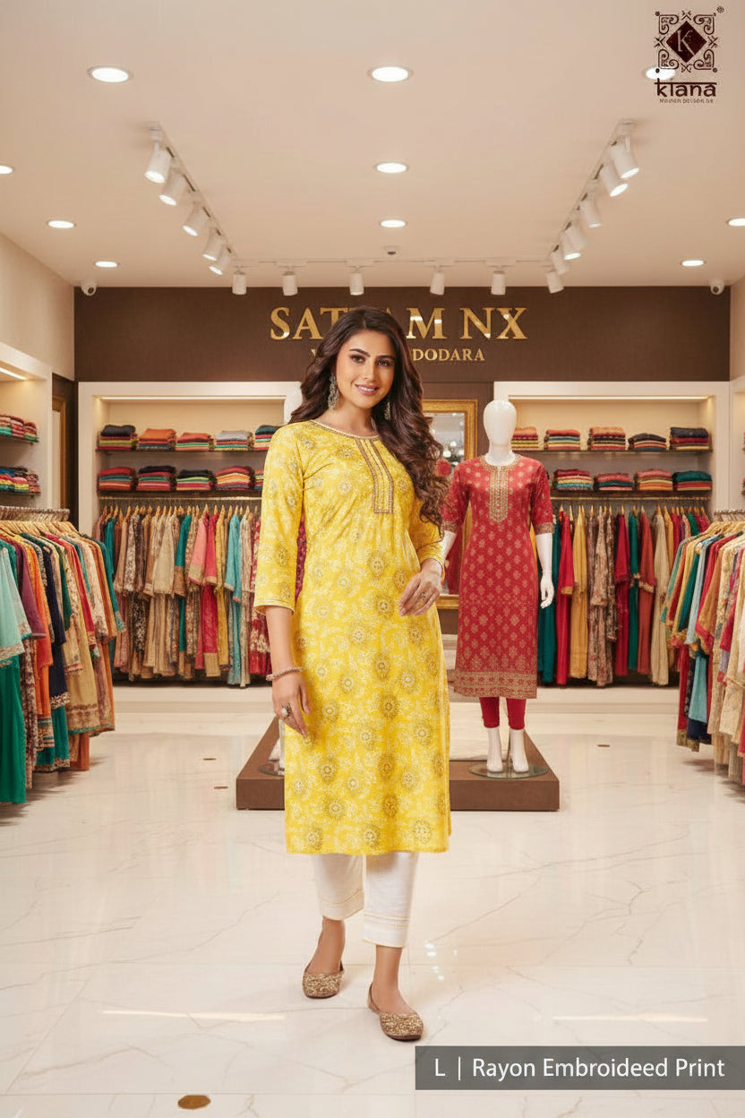 RAYON EMBRODIERD PRINTED KURTI PANT SET