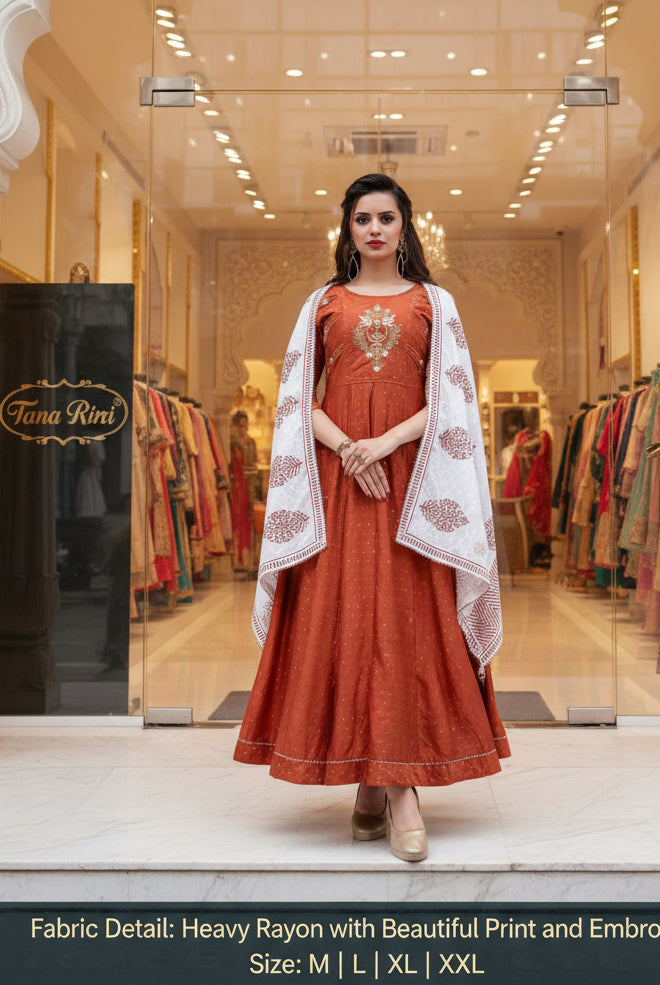 Embroidered Anarkali Gown Dress with Printed Dupatta